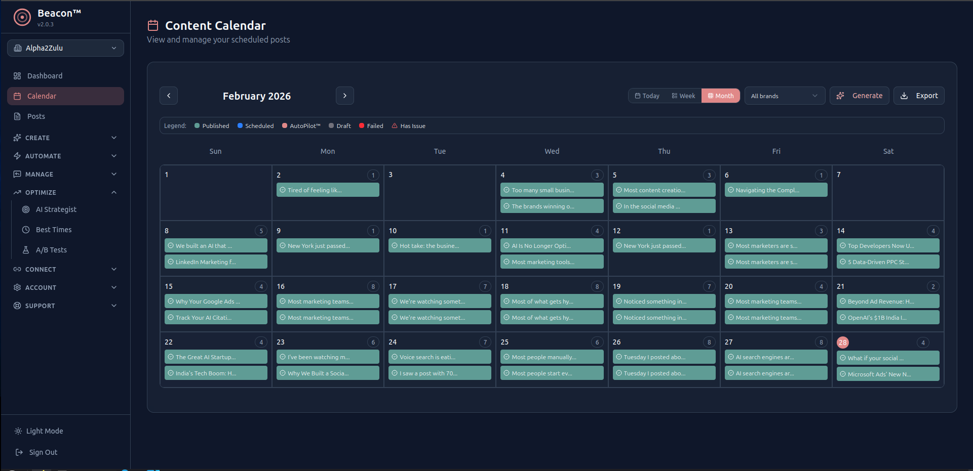 Beacon content calendar with scheduled posts
