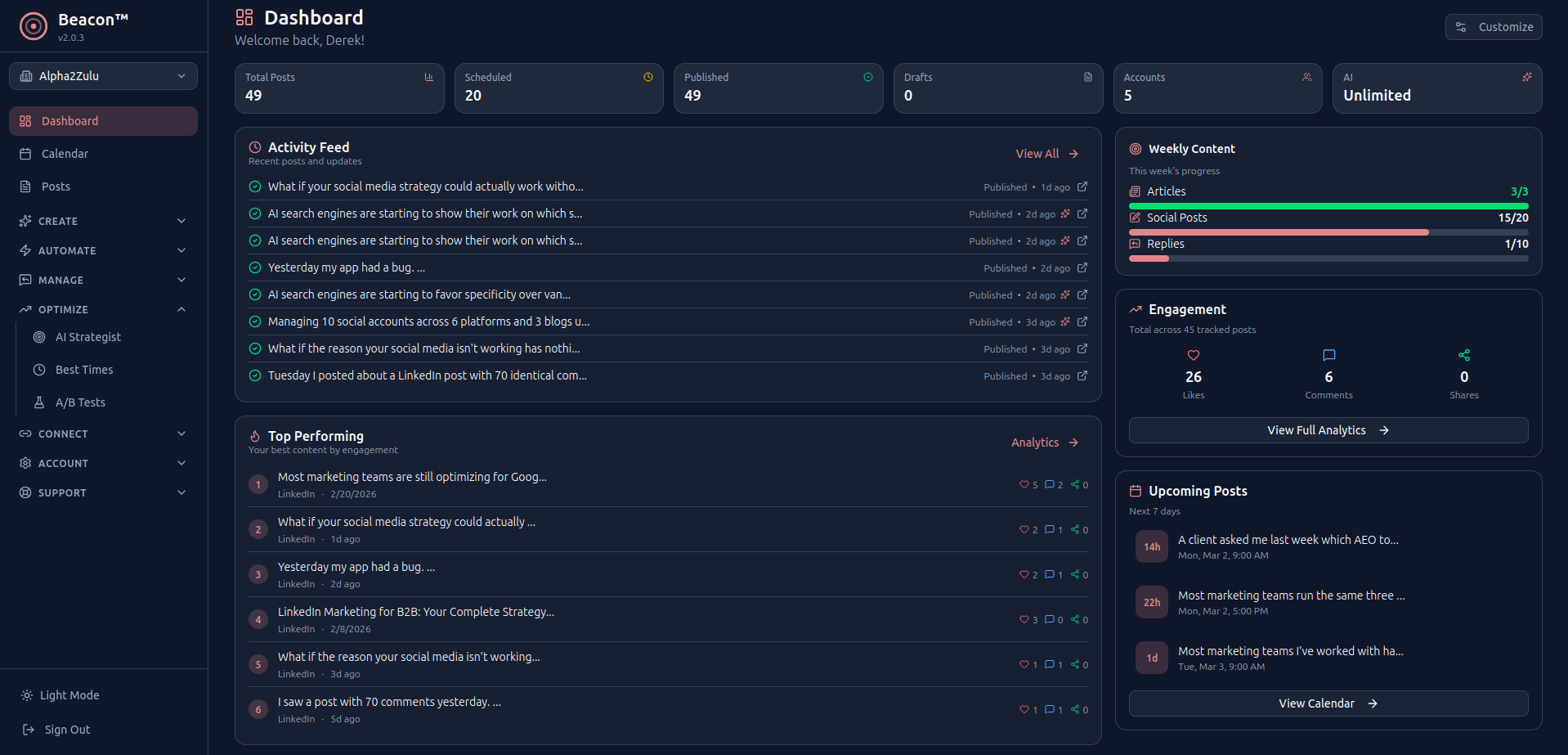 Beacon content dashboard showing post queue and activity feed